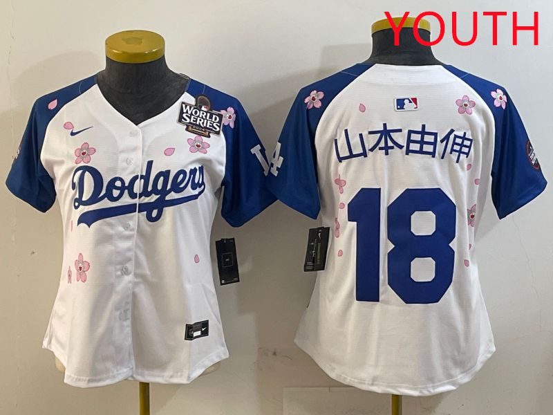 Youth Los Angeles Dodgers #18 Yamamoto White Blue Sakura Edition 2025 Nike MLB Jersey style 12